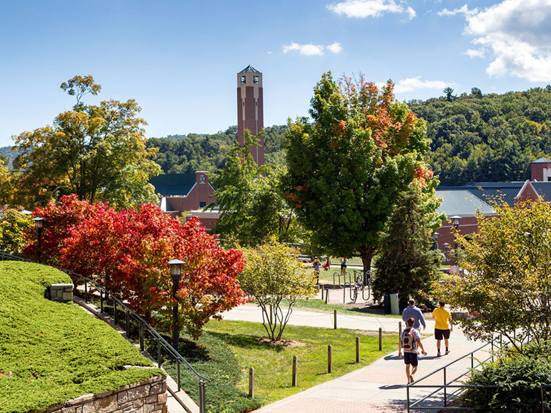 View of Appalachian State campus and bell tower in autumn